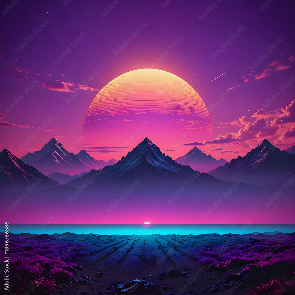 Fototapeta premium Retro Wave Landscape with Pink Sun and Water Reflection