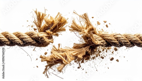 Close-up of broken rope with frayed ends on white background