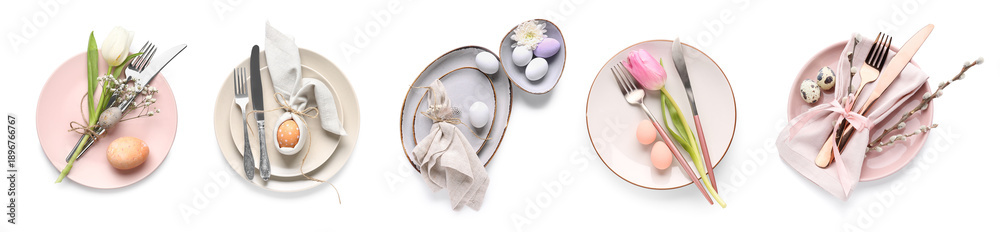 Naklejka premium Different Easter table settings on white background, top view