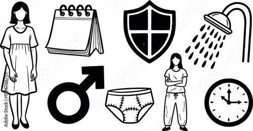 Black and white line art of pregnant woman, calendar, male symbol, protective shield, shower, clock, underwear, and confident woman standing with arms crossed