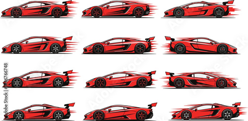 Red sports car illustration set, side profile view with motion lines, speed and racing concept, cad drawing flat vector artwork, automotive design