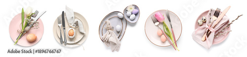 Photography Different Easter table settings on white background, top view