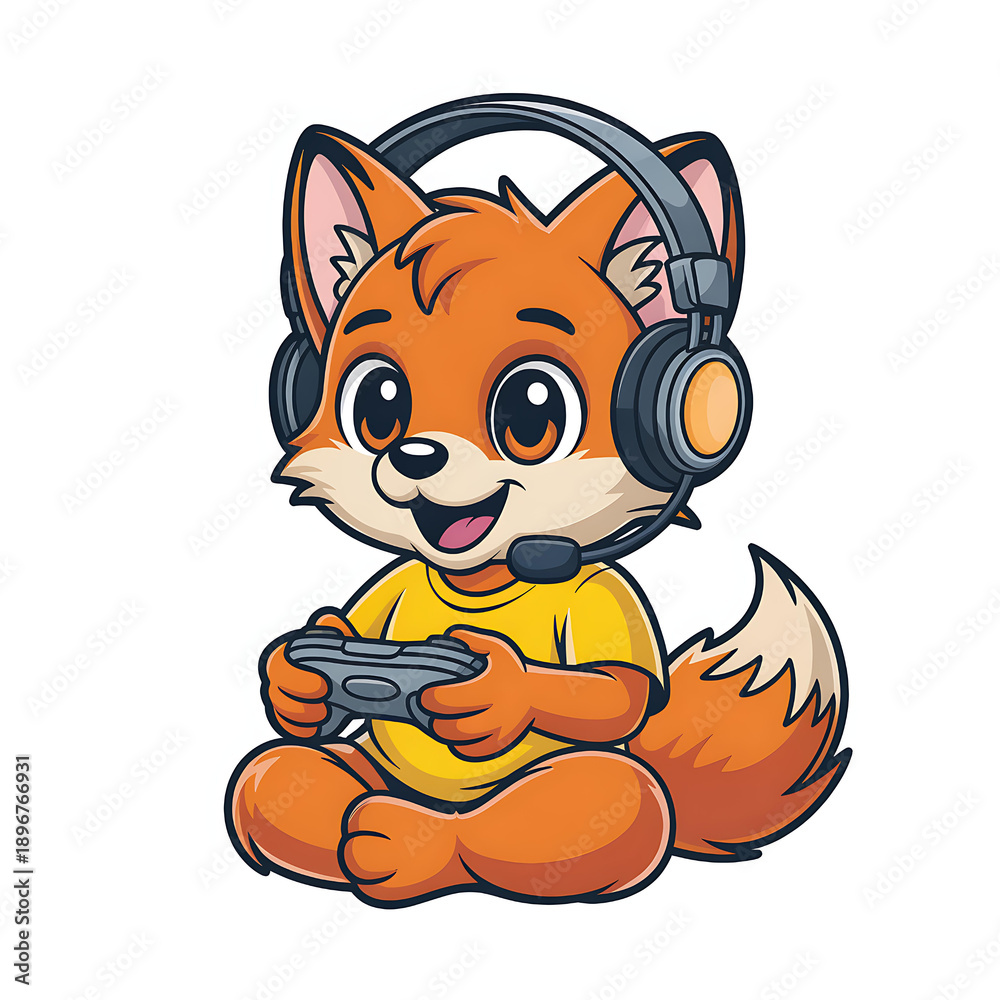 Naklejka premium Cute Fox Cartoon Character Gaming Illustration: Colorful Kid-Friendly Art with Playful Animal Gamer in Fun Digital Vector Design