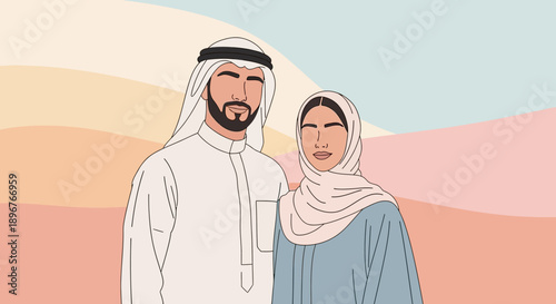 Stylized illustration of a modern Arab couple in traditional dress, symbolizing cultural identity, love, and unity in the Middle East