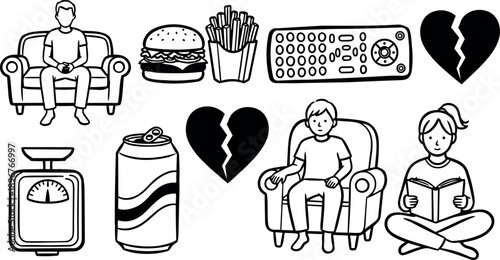Black and white line art illustration of sitting man and woman reading book with broken heart and fast food icons in simple cartoon style