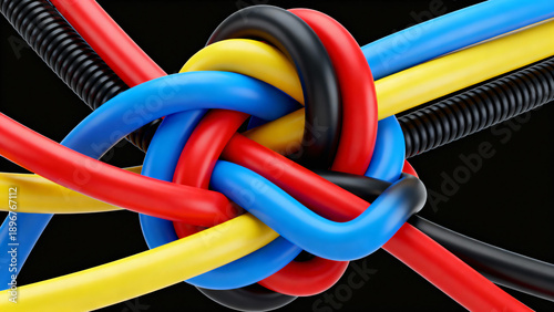 Colorful Cables Intertwined in a Complex Knot Against a Black Background