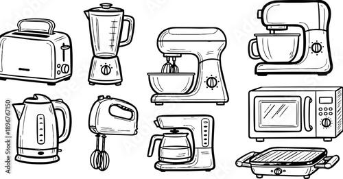 Hand drawn black and white kitchen appliances including toaster blender stand mixer microwave coffee maker kettle and grill set