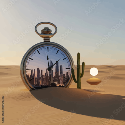 Pocket Watch with Cityscape Reflection in Desert.