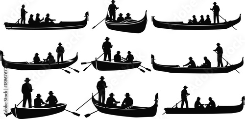 Gondola boat silhouettes with rowers and passengers, water transport scenes, black vector illustration set isolated on white background