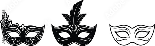 Venetian Carnival Mask Illustration Set with Decorative Feather and Ornamental Designs in Outline and Solid Styles for Festival Party Theater and Masquerade Branding