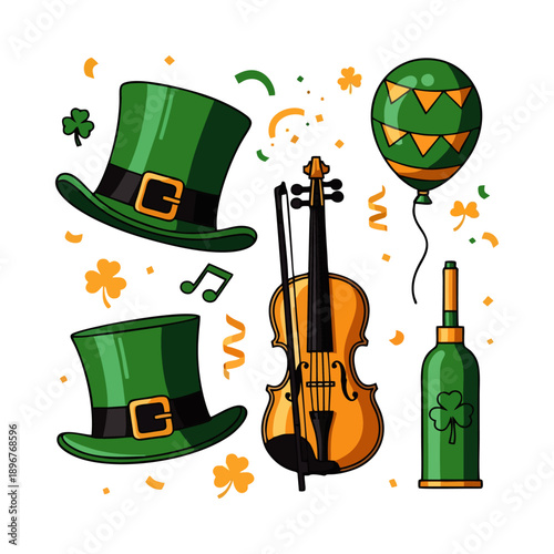 St. Patrick's Day flat illustration of two green top hats, a violin, a green bottle, and a balloon on a white background with festive orange and green confetti.