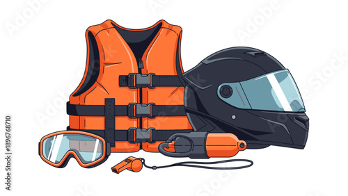 Illustration of safety gear including an orange life vest, motorcycle helmet, goggles, and drill on a white background.