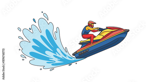 A cartoon illustration of a man riding a racing jet ski with a large splash against a clean white background.