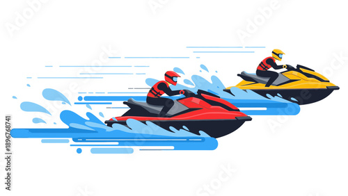 Illustration of two people racing on red and yellow jet skis with motion lines and splashes of water on a white background.