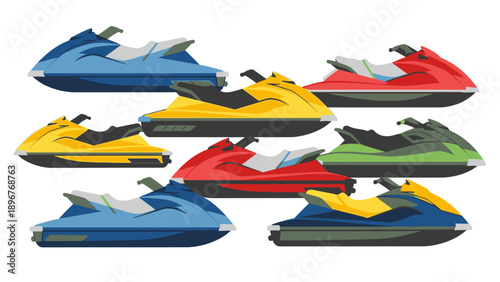 Collection of colorful jet skis arranged in rows on a white background with various vibrant hues.