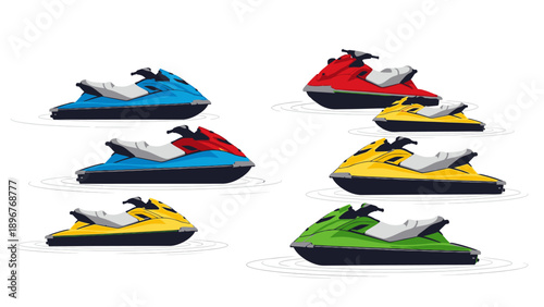 Six colorful jet skis in blue, red, yellow, and green arranged against a clean white background.