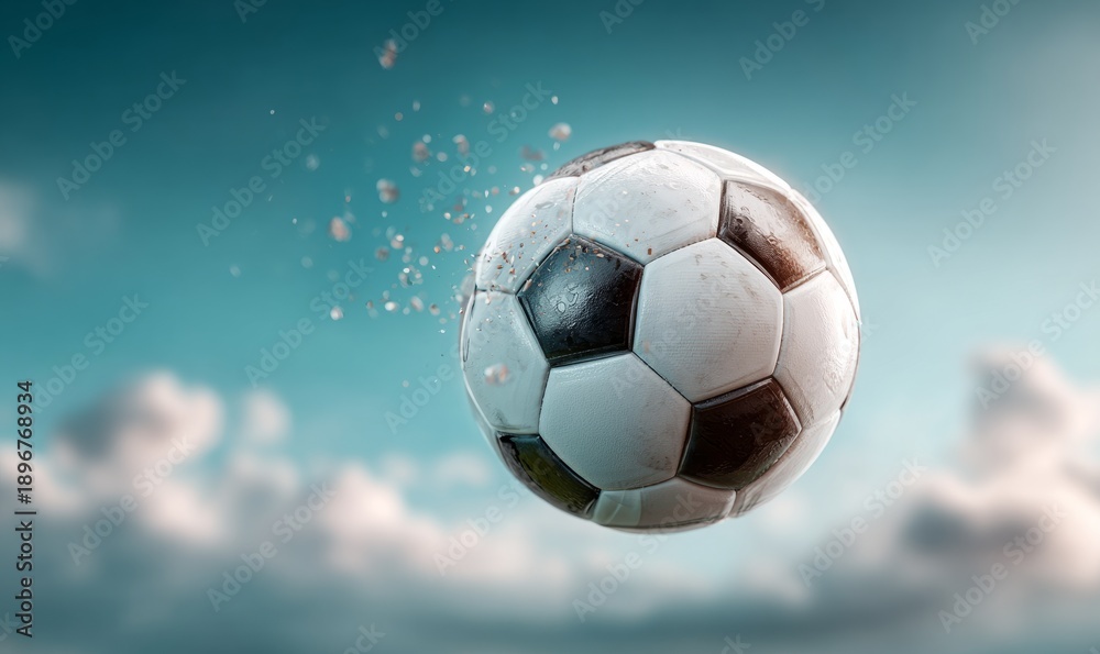 Naklejka premium Dynamic Soccer Ball in Mid-Air Capture with Bright Summer Vibe Under Clear Sky