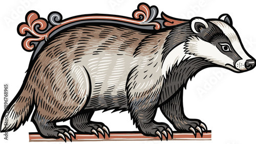 Illustration of a brown and white badger with distinctive facial markings standing on a decorative orange and black design on a white background.