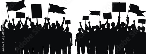 Protest and demonstration silhouette illustration, crowd with signs and flags, raised fists, black vector design, civil engagement theme, isolated on white background