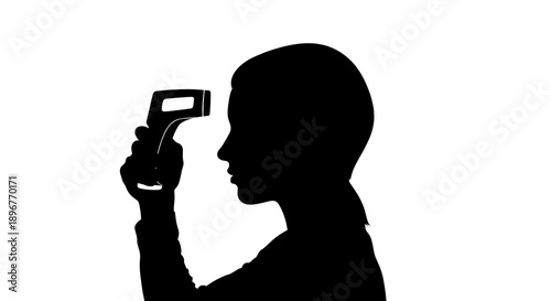 Silhouette of a person taking temperature with a digital thermometer health and medical concept black and white illustration