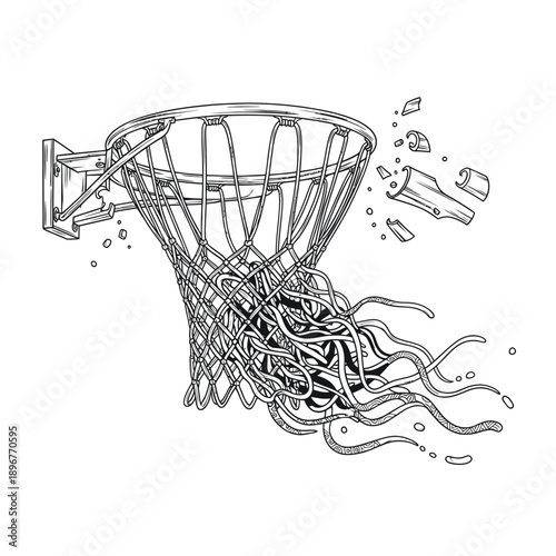 Shattered basketball hoop with torn net and abstract elements