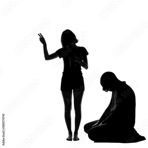 Woman Dominates Man Silhouette, Power Dynamic, Control, Submission, White Background