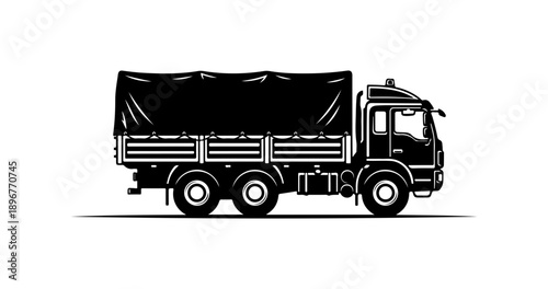 Black Silhouette Truck with Tarpaulin Cover - Vector Illustration