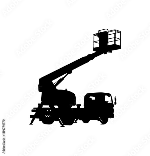 Black Silhouette Vector Image of Cherry Picker Truck with Elevated Platform
