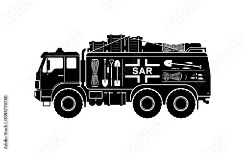 Black Silhouette SAR Rescue Fire Truck Vector Illustration