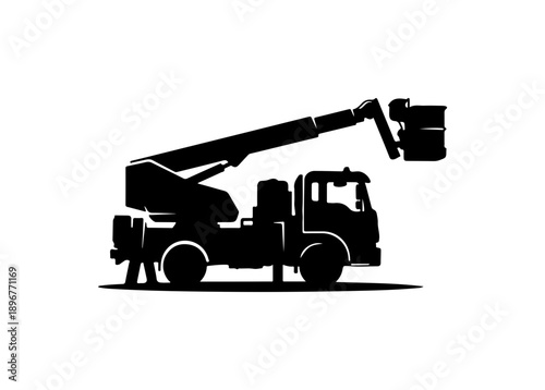 Black Silhouette Vector Image of Cherry Picker Truck with Elevated Platform