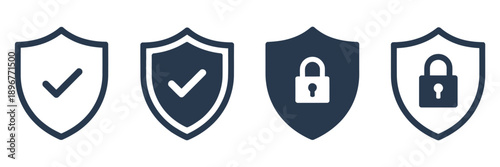 Security shield icon set, protective shield symbols with padlock and check mark, vector illustration.