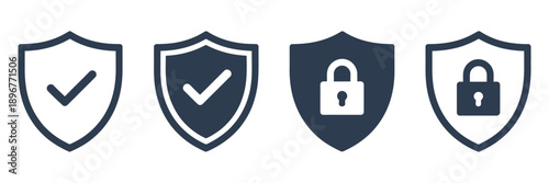 Security shield icon set, protective shield symbols with padlock and check mark, vector illustration.
