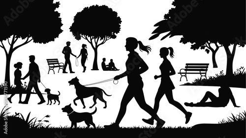 Silhouettes of diverse people jogging, walking dogs, and relaxing in a busy city park setting during daylight hours.