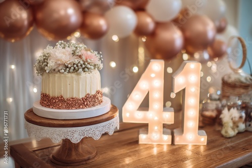 Elegant Celebration Cake with Floral Decorations and Number 41
