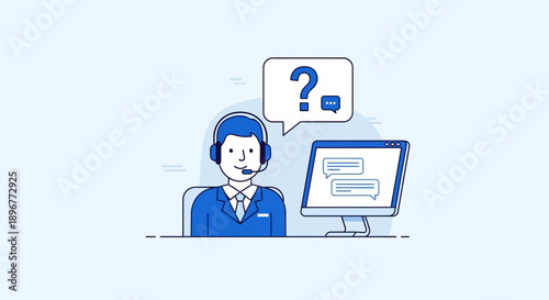 Customer service agent wearing headset answering questions and providing online assistance via
