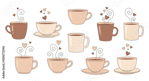 Delightful assortment of illustrated coffee cups radiating warmth and affection with hearts and