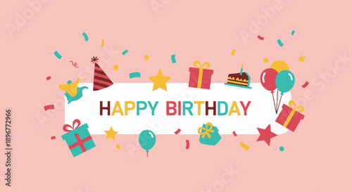 Festive happy birthday celebration with colorful decorations on pink background
