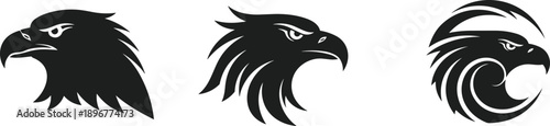 Stylized eagle head logo collection in black silhouette featuring modern aggressive bird emblems for branding, sports teams, tattoos, and graphic design