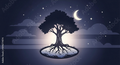 Tree silhouette on glowing island under starry night sky with crescent moon