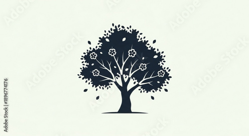 Tree silhouette with flowers and falling leaves on light background symbolizing nature and seasonal change