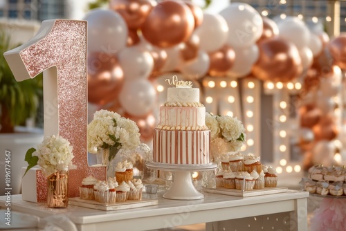 Elegant First Birthday Celebration with Cake and Decorations
