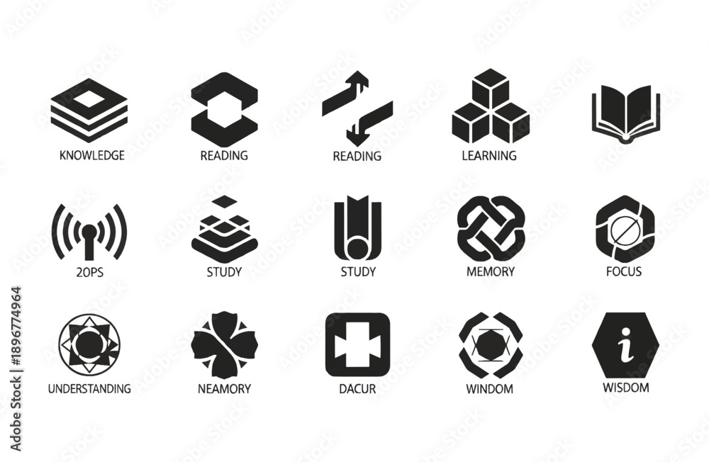 Obraz premium Premium Education Knowledge Icon Bundle 15 Abstract Symbols for Learning, Memory, Wisdom, Academic Branding, and Creative Logo Design