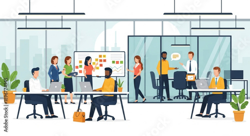 Diverse team collaborating in a modern open plan office environment.