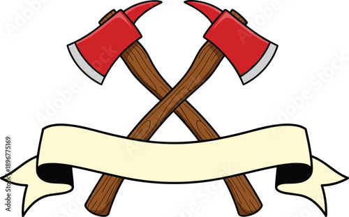 Crossed fire axes with ribbon banner illustration showing firefighting, emergency rescue, and strength symbol in bold cartoon style