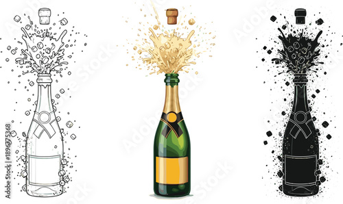 Champagne bottle opening illustration set, cork popping and liquid spray, line drawing, color artwork, silhouette style, cad drawing flat vector designV