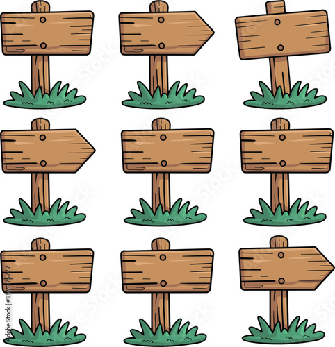 Set of rustic wooden sign silhouettes on green grass for garden park outdoor direction information wayfinding pointer boards and landscape vector