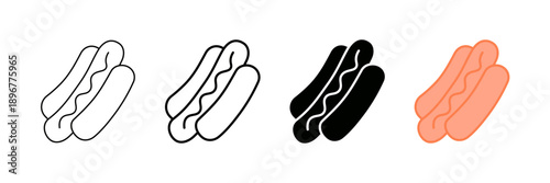 Set of minimalist hot dog icons with transparent background, depicting fast food, street food, and meal symbols for restaurant menus, apps, and web designs, vector illustration