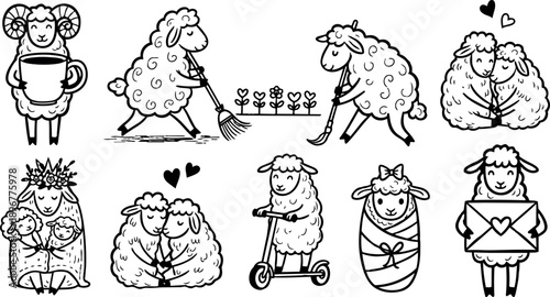 Cute cartoon sheep characters performing various activities including holding coffee raking sweeping hugging delivering love letter and riding scooter