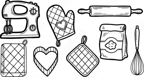 Hand drawn baking tools close up with mixer rolling pin whisk flour bag oven mitt potholders heart cookie cutter ink