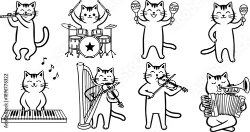 Cute cartoon cats playing flute drums maracas piano harp violin trumpet accordion in black and white line art style